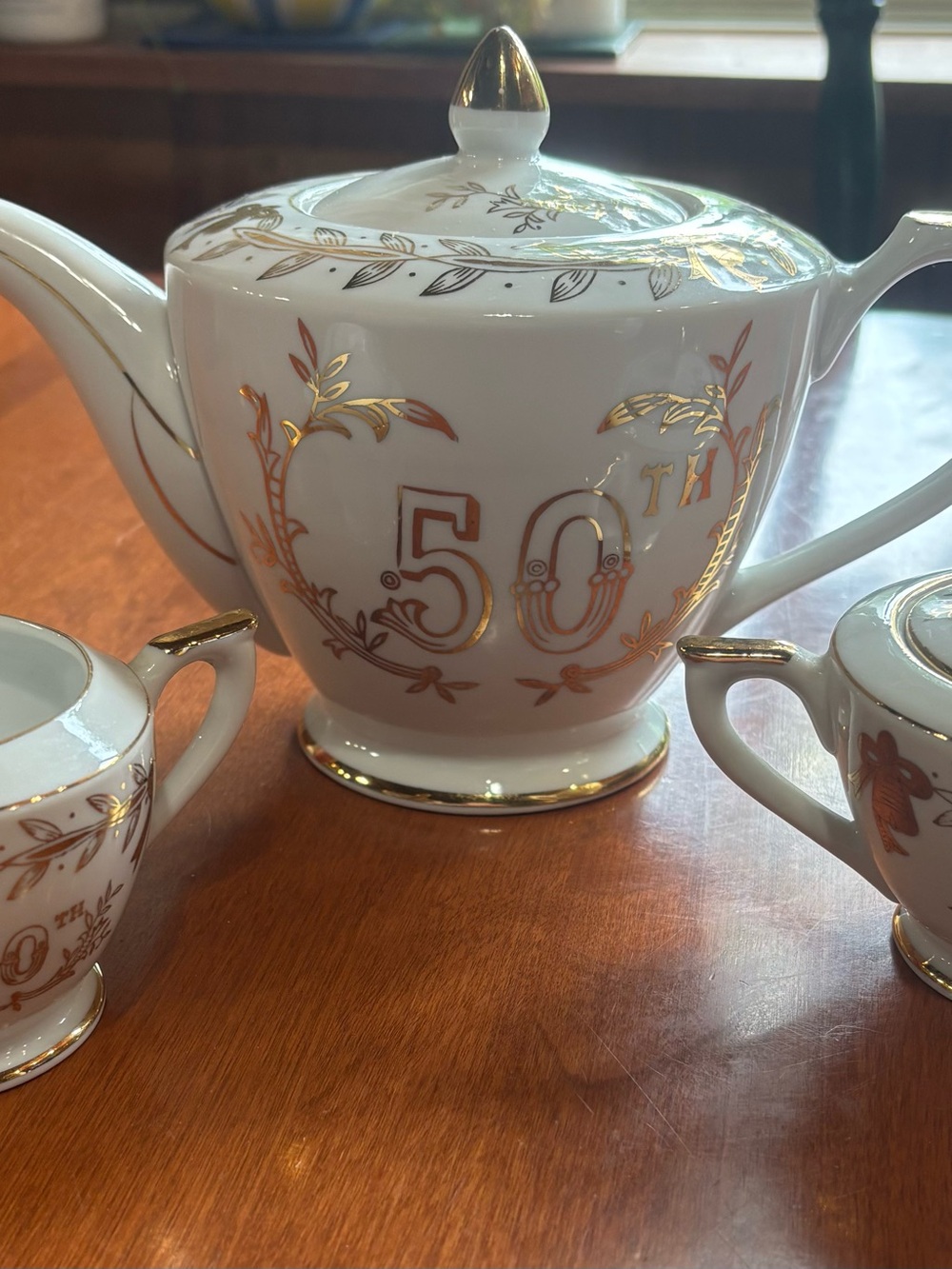 50th Anniversary White Ceramic Teapot set with Gold Trim